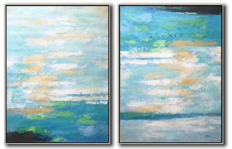 Abstract Painting Extra Large Canvas Art,Set Of 2 Abstract Painting On Canvas,Canvas Paintings For Sale,Blue,White,Yellow,Green.etc
